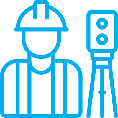 A blue line logo featuring a construction worker standing next to survey equipment