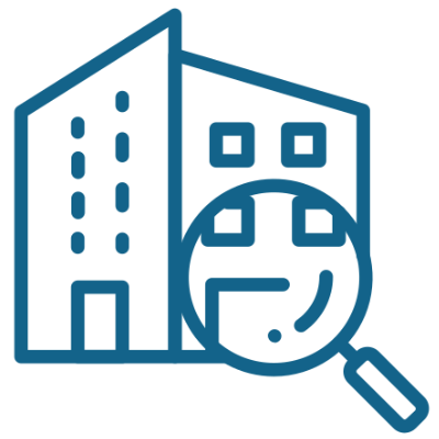 A blue line drawing logo which features a magnifying glass hovering over a building